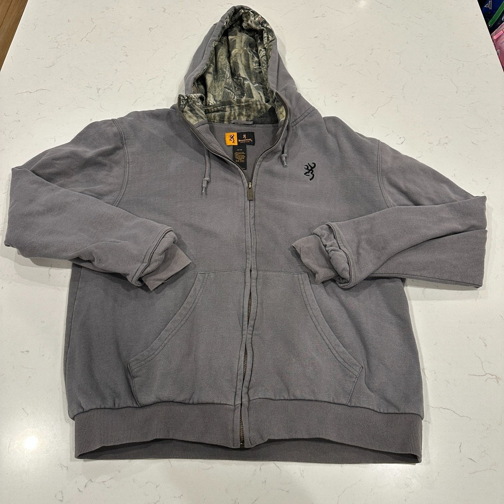 Browning Mens M Full Zip Hoodie Gray Camo Lined Hood Buckmark MCA1305